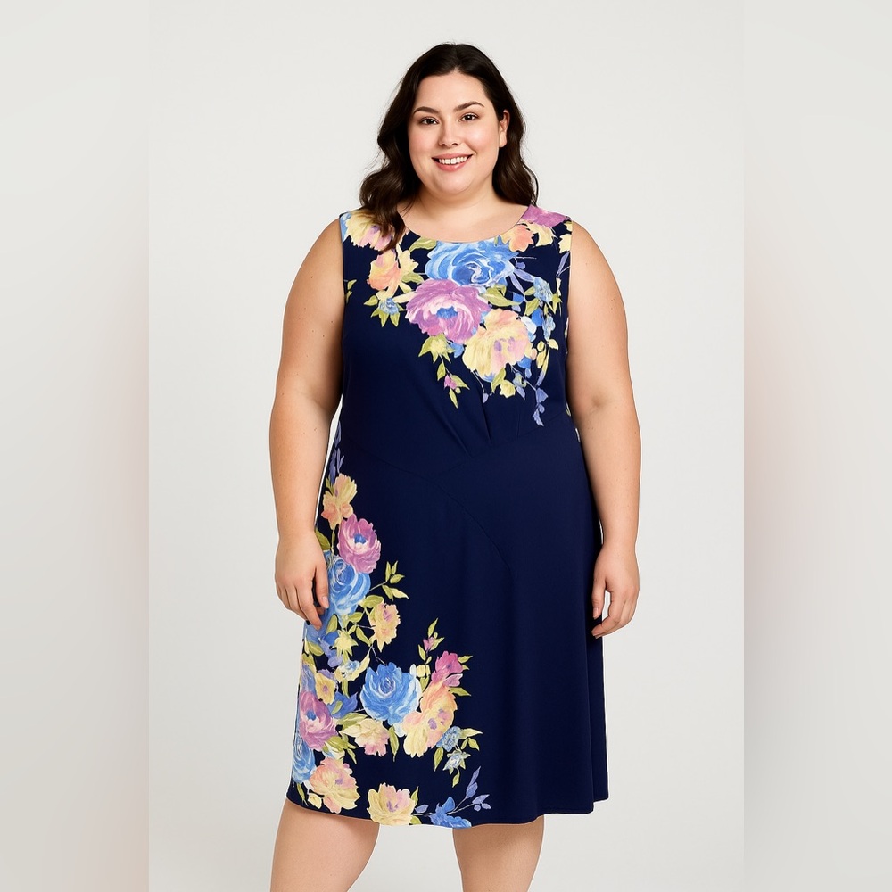 NWT Maggy London Plus‎ Size 16 Floral Midi Dress Navy/Blush Formal Sleeveless